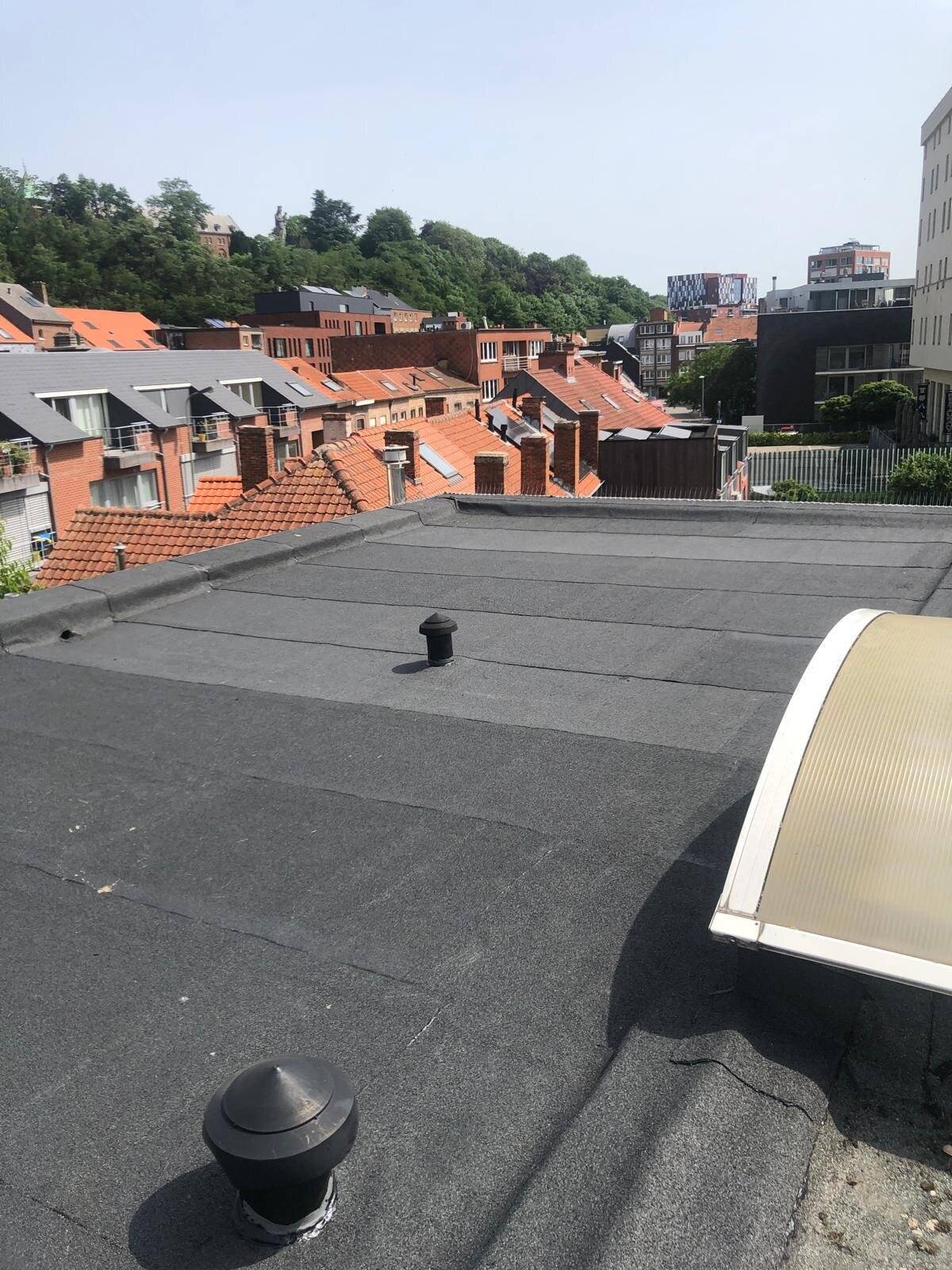 Uitzicht over een plat dak met verschillende ventilatieopeningen en een lichtkoepel, met een stadse omgeving op de achtergrond.
